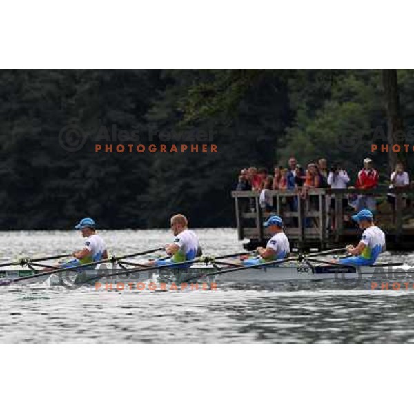 Matej Rojec, Jan Spik, Gasper Fistravec, Ales Zupan of Slovenia in action during first day of competition at 2011 World Rowing Championships at Bled, Slovenia on August 28,2011 