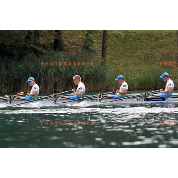 Matej Rojec, Jan Spik, Gasper Fistravec, Ales Zupan of Slovenia in action during first day of competition at 2011 World Rowing Championships at Bled, Slovenia on August 28,2011 