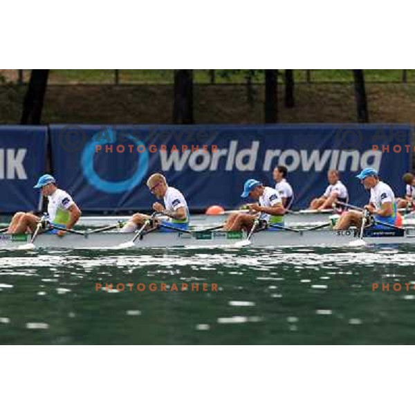 Matej Rojec, Jan Spik, Gasper Fistravec, Ales Zupan of Slovenia in action during first day of competition at 2011 World Rowing Championships at Bled, Slovenia on August 28,2011 