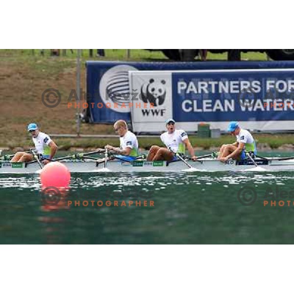 Matej Rojec, Jan Spik, Gasper Fistravec, Ales Zupan of Slovenia in action during first day of competition at 2011 World Rowing Championships at Bled, Slovenia on August 28,2011 