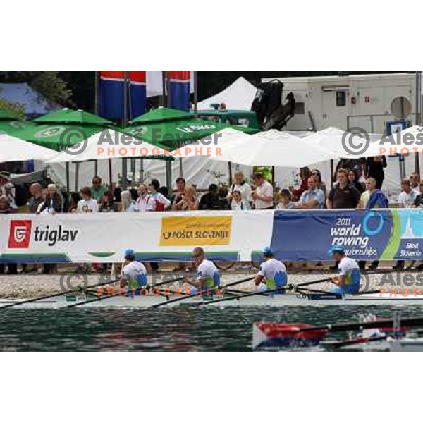 Matej Rojec, Jan Spik, Gasper Fistravec, Ales Zupan of Slovenia in action during first day of competition at 2011 World Rowing Championships at Bled, Slovenia on August 28,2011 
