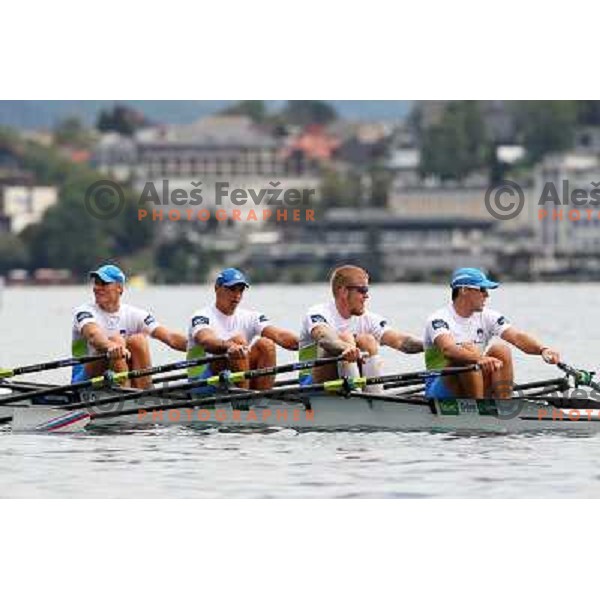 Matej Rojec, Jan Spik, Gasper Fistravec, Ales Zupan of Slovenia in action during first day of competition at 2011 World Rowing Championships at Bled, Slovenia on August 28,2011 