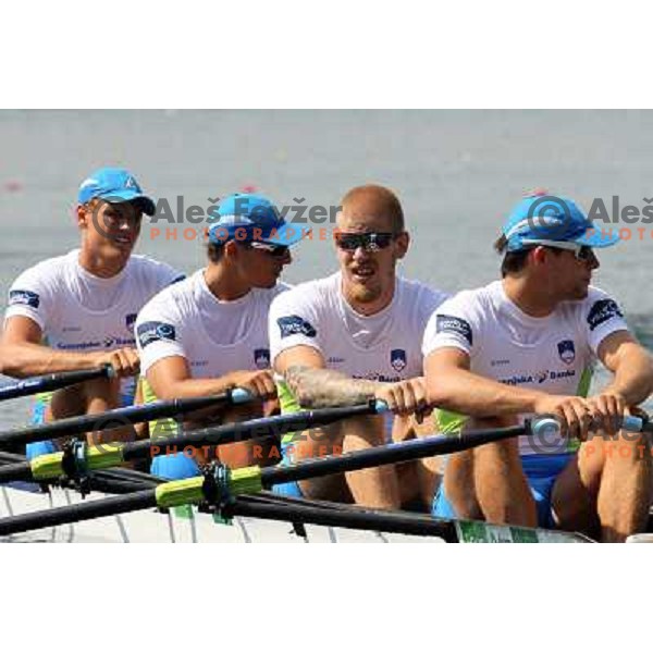Ales Zupan, Gasper Fistravec, Jan Spik, Matej Rojec (left to right) of Slovenia during third day of 2011 World Rowing Championships on Lake Bled, Slovenia on August 30, 2011 