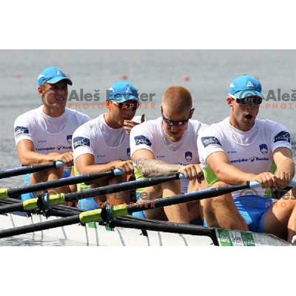 Ales Zupan, Gasper Fistravec, Jan Spik, Matej Rojec (left to right) of Slovenia during third day of 2011 World Rowing Championships on Lake Bled, Slovenia on August 30, 2011 