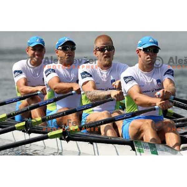 Ales Zupan, Gasper Fistravec, Jan Spik, Matej Rojec (left to right) of Slovenia during third day of 2011 World Rowing Championships on Lake Bled, Slovenia on August 30, 2011 