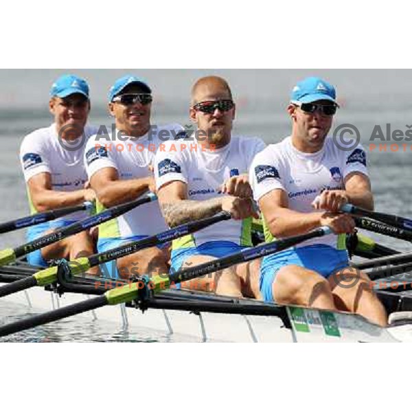 Ales Zupan, Gasper Fistravec, Jan Spik, Matej Rojec (left to right) of Slovenia during third day of 2011 World Rowing Championships on Lake Bled, Slovenia on August 30, 2011 
