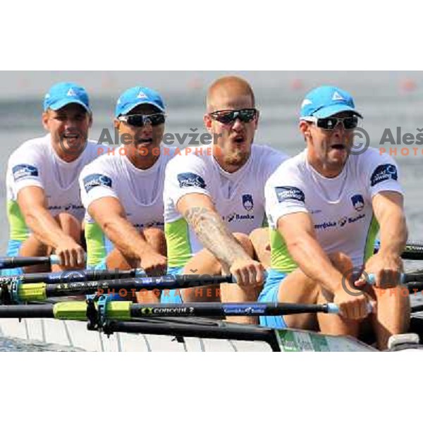 Ales Zupan, Gasper Fistravec, Jan Spik, Matej Rojec (left to right) of Slovenia during third day of 2011 World Rowing Championships on Lake Bled, Slovenia on August 30, 2011 