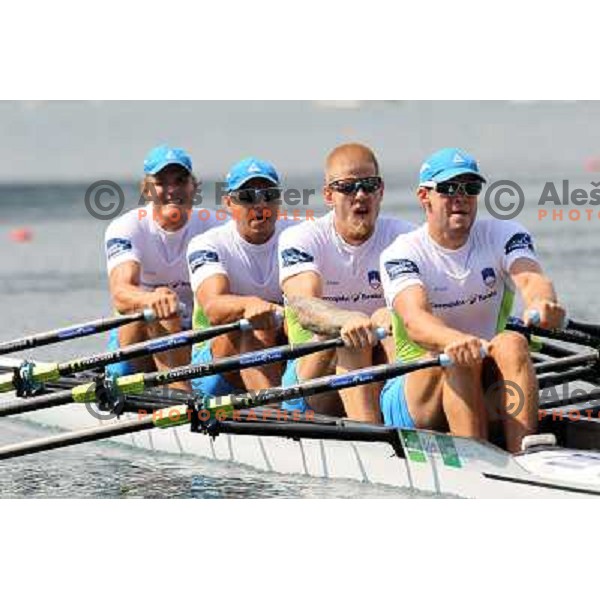 Ales Zupan, Gasper Fistravec, Jan Spik, Matej Rojec (left to right) of Slovenia during third day of 2011 World Rowing Championships on Lake Bled, Slovenia on August 30, 2011 