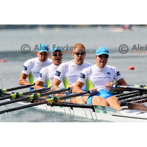 Ales Zupan, Gasper Fistravec, Jan Spik, Matej Rojec (left to right) of Slovenia during third day of 2011 World Rowing Championships on Lake Bled, Slovenia on August 30, 2011 