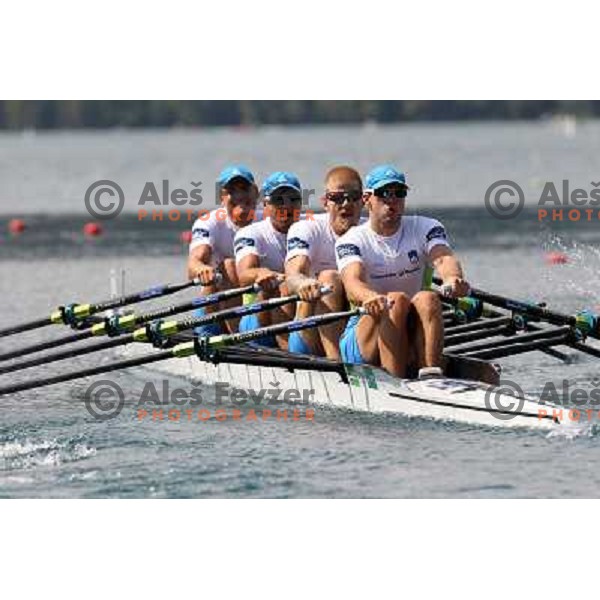Ales Zupan, Gasper Fistravec, Jan Spik, Matej Rojec (left to right) of Slovenia during third day of 2011 World Rowing Championships on Lake Bled, Slovenia on August 30, 2011 
