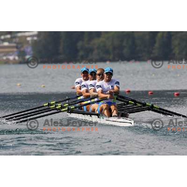 Ales Zupan, Gasper Fistravec, Jan Spik, Matej Rojec (left to right) of Slovenia during third day of 2011 World Rowing Championships on Lake Bled, Slovenia on August 30, 2011 