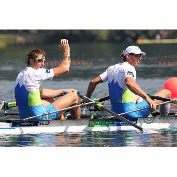 Luka Spik and Iztok Cop of Slovenia during semi-final of 2011 World Rowing Championships at Bled, Slovenia on September 1,2011 