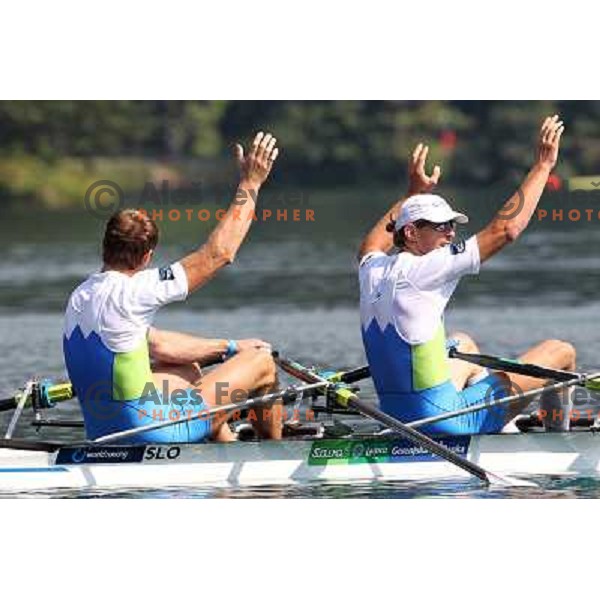 Luka Spik and Iztok Cop of Slovenia during semi-final of 2011 World Rowing Championships at Bled, Slovenia on September 1,2011 