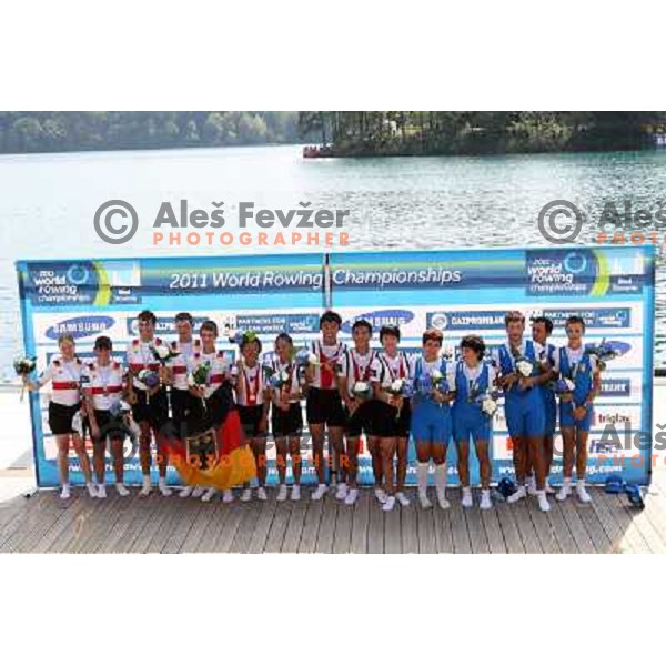Team Germany, Hong Kong, Italy, medalists in category IDMi 4x of Disabled Rowers at 2011 World Rowing Championships at Bled, Slovenia on September 1,2011 