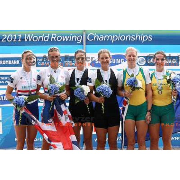 Team GB, Team New Zealand, gold medalists in category Women\'s Pair, team Australia in the Final at 2011 World Rowing Championships at Bled, Slovenia on September 1,2011 