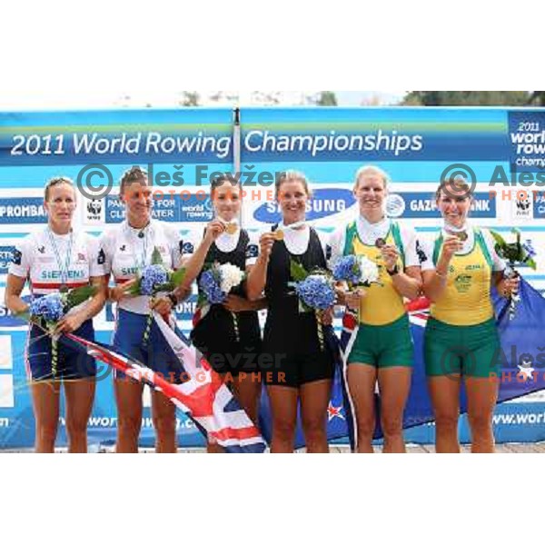 Team GB, Team New Zealand, gold medalists in category Women\'s Pair, team Australia in the Final at 2011 World Rowing Championships at Bled, Slovenia on September 1,2011 