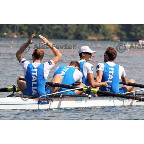 Team Italy celebrate victory in category LM 4-in the Semi-Final group B at 2011 World Rowing Championships at Bled, Slovenia on September 1,2011 