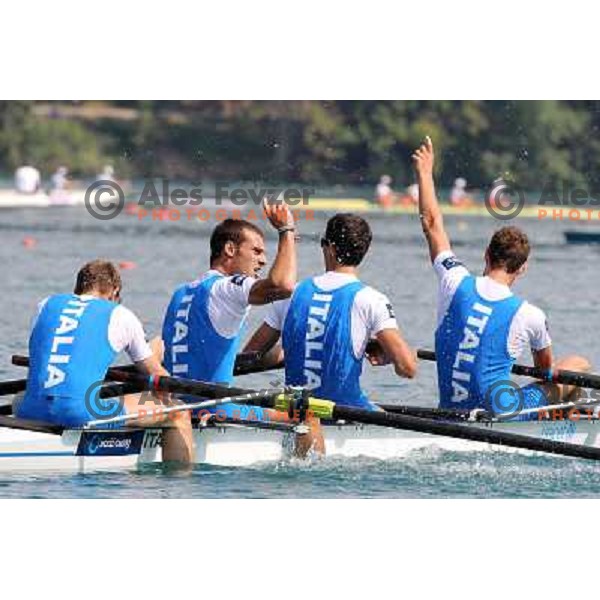 Team Italy celebrate victory in category LM 4-in the Semi-Final group B at 2011 World Rowing Championships at Bled, Slovenia on September 1,2011 