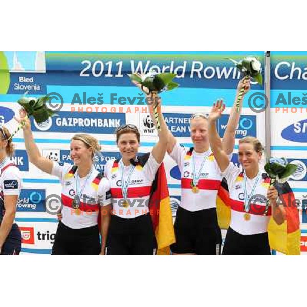 Team Germany, gold medalists in category Women\'s Quadruple Sculls in the Final of 2011 World Rowing Championships at Bled, Slovenia on September 1,2011 