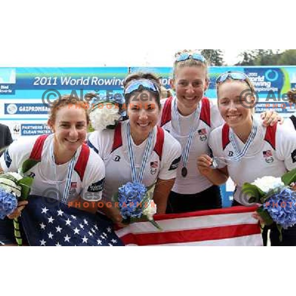 Team USA, silver medalists in category Women\'s Quadruple Sculls in the Final of 2011 World Rowing Championships at Bled, Slovenia on September 1,2011 