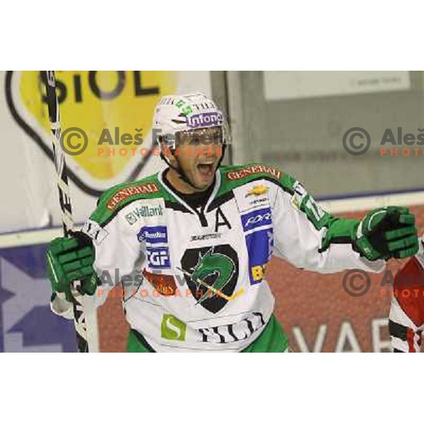 Petr Sachl celebrates goal during ice-hockey match Tilia Olimpija- EC Moser Medical Graz in round 2 of EBEL league, played in Hala Tivoli, Ljubljana, Slovenia on September 15,2011 