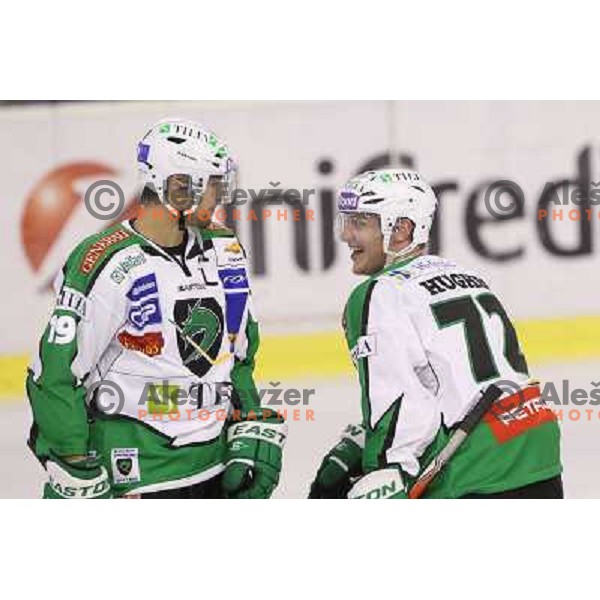Ziga Pance and John Hughes during ice-hockey match Tilia Olimpija- EC Moser Medical Graz in round 2 of EBEL league, played in Hala Tivoli, Ljubljana, Slovenia on September 15,2011 