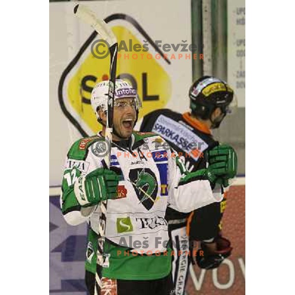 Petr Sachl celebrates goal during ice-hockey match Tilia Olimpija- EC Moser Medical Graz in round 2 of EBEL league, played in Hala Tivoli, Ljubljana, Slovenia on September 15,2011 
