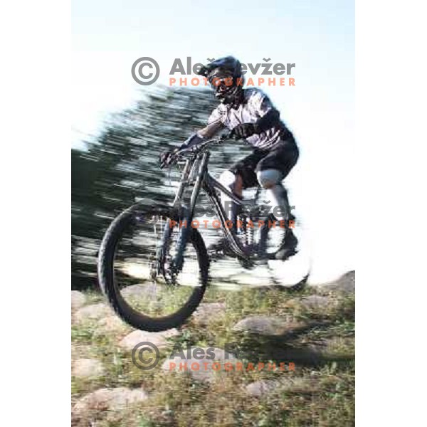 Matjaz Macek rides downhill in Polhograsjki Dolomiti, Slovenia on September 14, 2011 