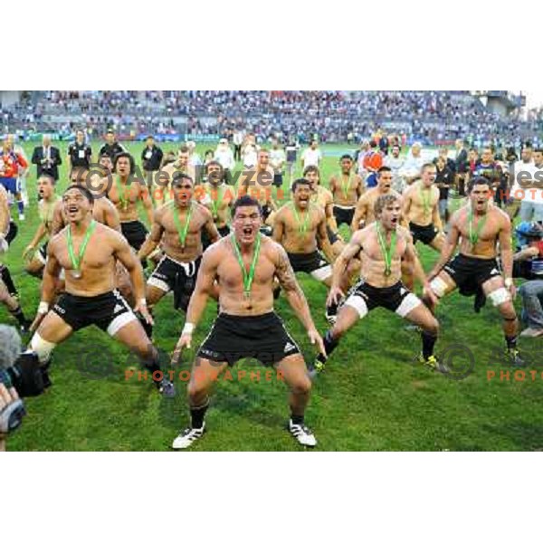 Team New Zealand perform haka after winning IRB Junior World Championship beating England 33:20 in Padova, Italy on June 26, 2011 