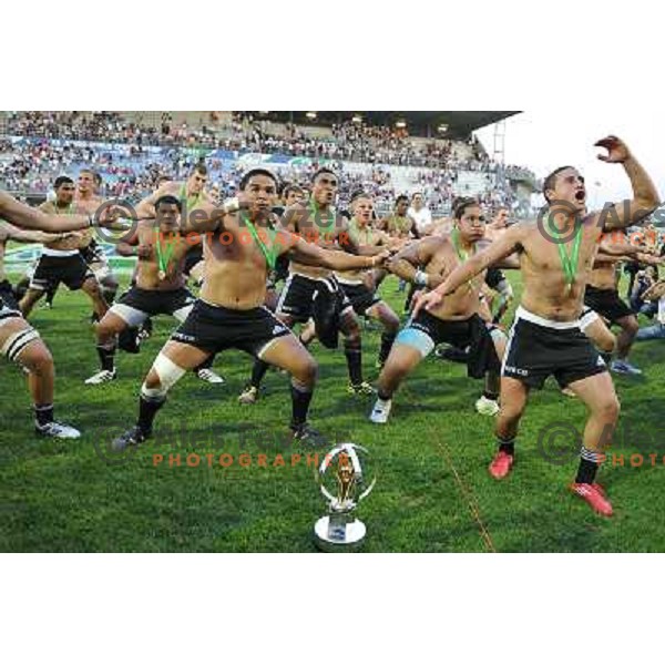 Team New Zealand perform haka after winning IRB Junior World Championship beating England 33:20 in Padova, Italy on June 26, 2011 