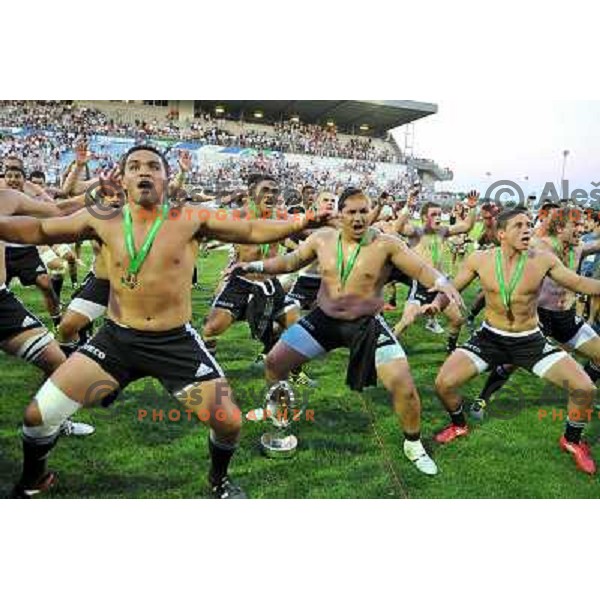 Team New Zealand perform haka after winning IRB Junior World Championship beating England 33:20 in Padova, Italy on June 26, 2011 