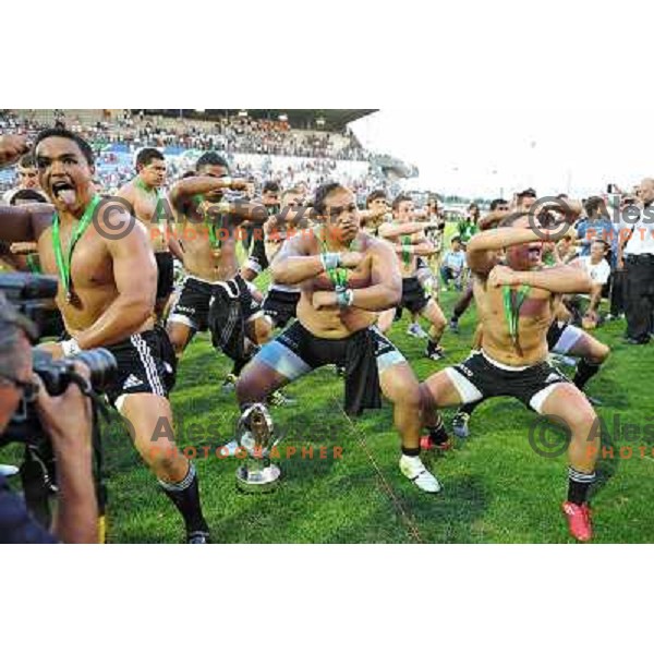 Team New Zealand perform haka after winning IRB Junior World Championship beating England 33:20 in Padova, Italy on June 26, 2011 
