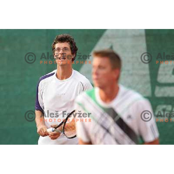 Miha Mlakar and Blaz jarc of Slovenia in action during doubles first round of BMW Ljubljana Open, ATP Challenger played at ZAK Ljubljana, Slovenia on September 20, 2011 