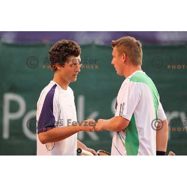 Miha Mlakar and Blaz jarc of Slovenia in action during doubles first round of BMW Ljubljana Open, ATP Challenger played at ZAK Ljubljana, Slovenia on September 20, 2011 