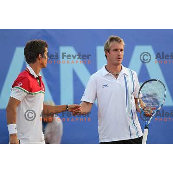 Grega Zemlja and Aljaz Bedene of Slovenia in action during doubles second round at BMW Ljubljana Open, ATP Challenger played at ZAK Ljubljana, Slovenia on September 21, 2011 