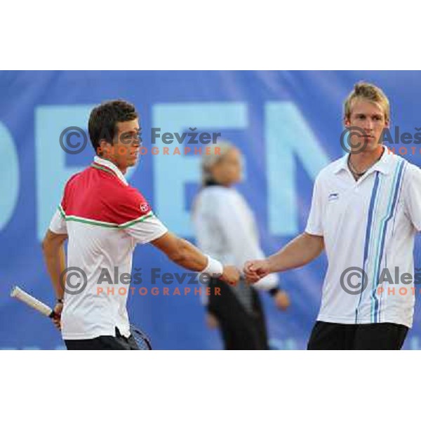 Grega Zemlja and Aljaz Bedene of Slovenia in action during doubles second round at BMW Ljubljana Open, ATP Challenger played at ZAK Ljubljana, Slovenia on September 21, 2011 
