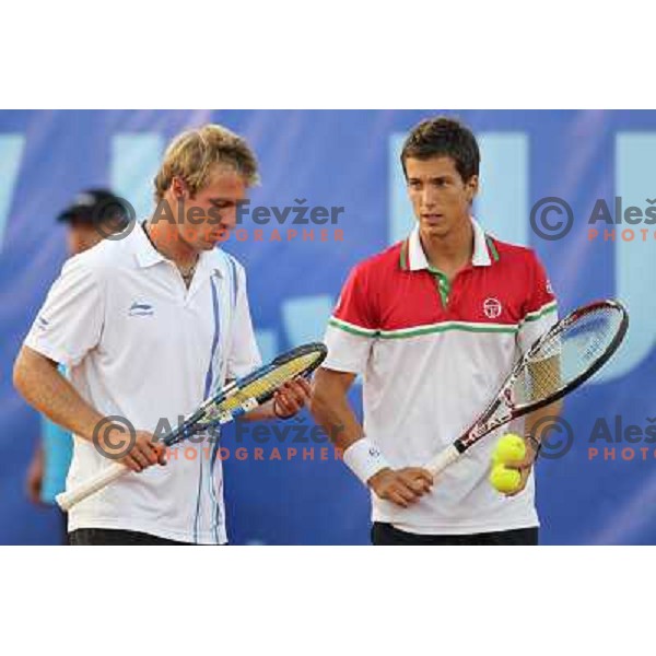 Grega Zemlja and Aljaz Bedene of Slovenia in action during doubles second round at BMW Ljubljana Open, ATP Challenger played at ZAK Ljubljana, Slovenia on September 21, 2011 