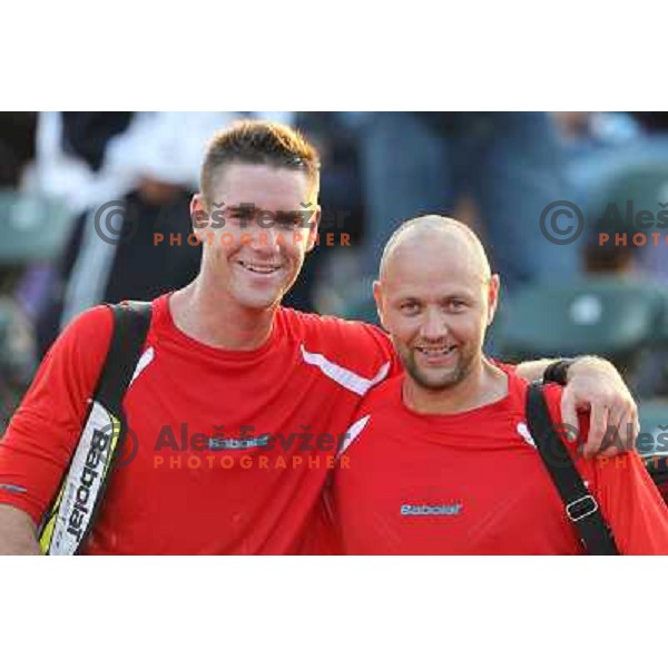 Gregor Krusic and Andrej Krasevec of Slovenia in action during doubles second round at BMW Ljubljana Open, ATP Challenger played at ZAK Ljubljana, Slovenia on September 21, 2011 