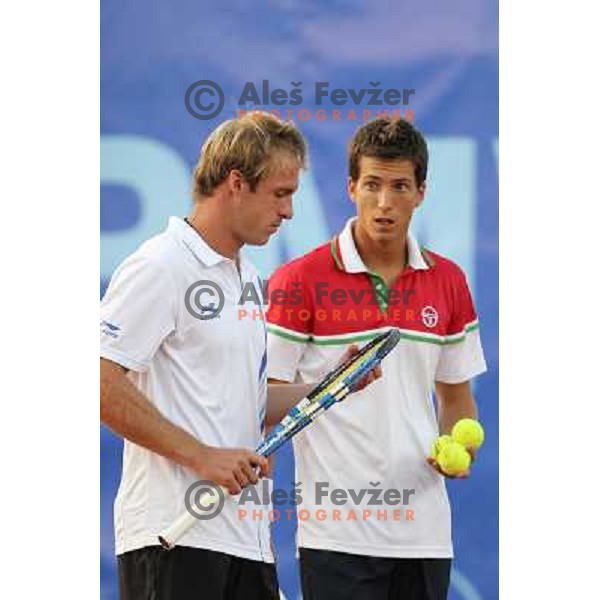 Grega Zemlja and Aljaz Bedene of Slovenia in action during doubles second round at BMW Ljubljana Open, ATP Challenger played at ZAK Ljubljana, Slovenia on September 21, 2011 