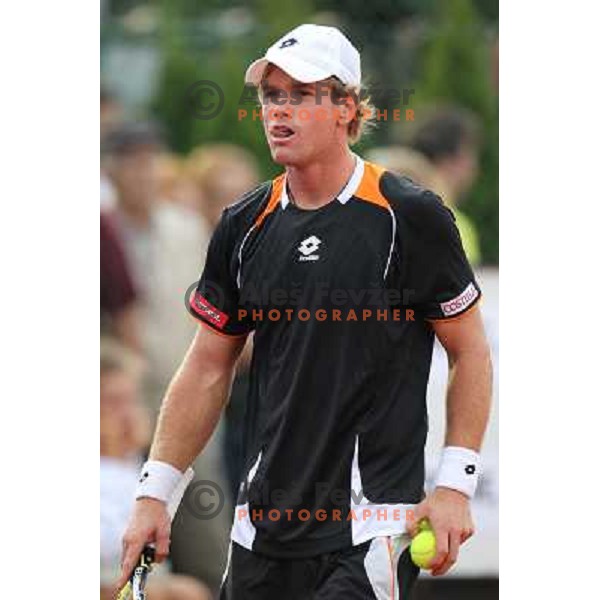 Blaz Kavcic of Slovenia in action during second round at BMW Ljubljana Open, ATP Challenger played at ZAK Ljubljana, Slovenia on September 21, 2011 