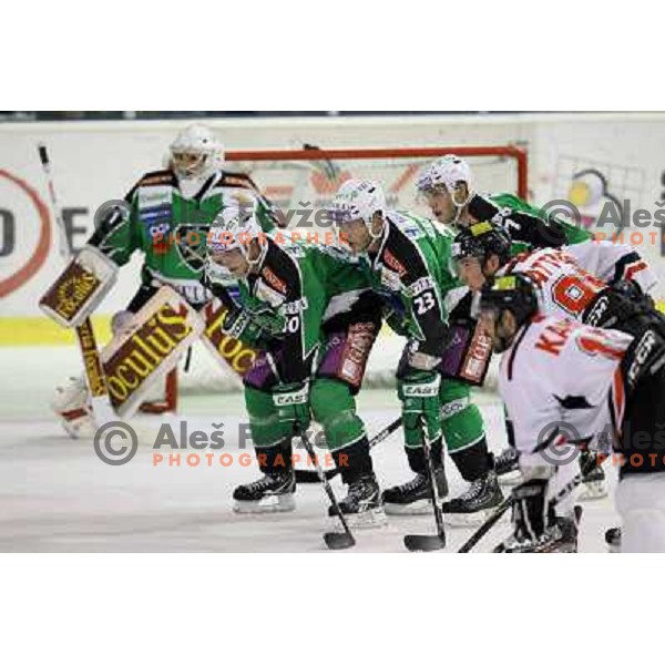 Erik Pance, Damjan Dervaric of Tilia Olimpija in action during ice-hockey match Tilia Olimpija-Orli Znojmo in round 5 of Ebel league, played in Hala Tivoli, Ljubljana, Slovenia on September 23,2011 