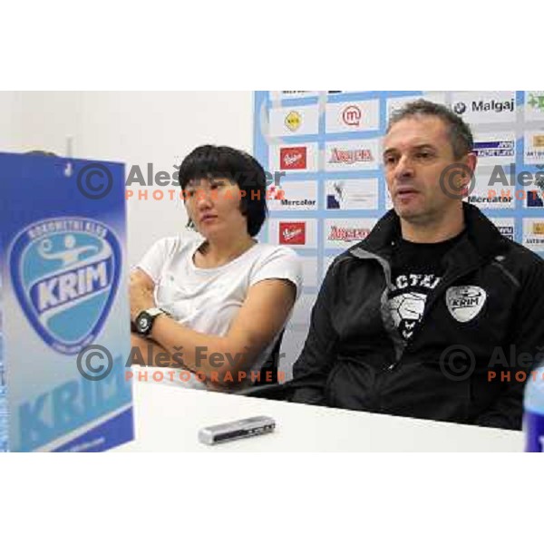Captain Ludmila Bodnieva and Tone Tislej, head coach of RK Krim Mercator during press conference in Stozice Hall before first match at home in Championsleague season 2011-2012, Ljubljana, Slovenia on October 4, 2011 