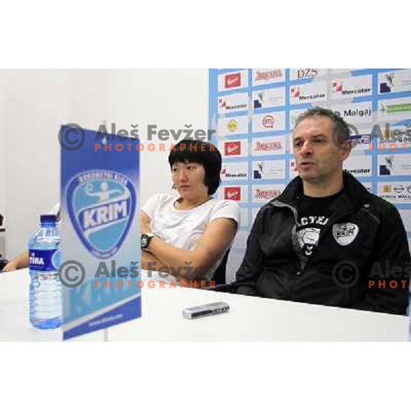 Captain Ludmila Bodnieva and Tone Tislej, head coach of RK Krim Mercator during press conference in Stozice Hall before first match at home in Championsleague season 2011-2012, Ljubljana, Slovenia on October 4, 2011 