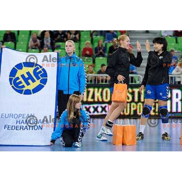 Gorica Acimovic, Ljudmila Bodnieva in action during Hanball game Krim Mercator - Viborg, EHF Champions League 2011-2011, Arena Stozice, Ljubljana, 07.10.2011 