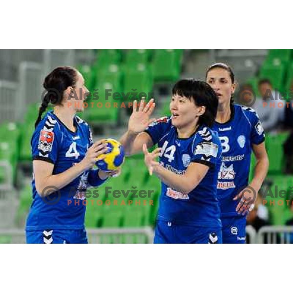 Ibolya Mehlman, Ljudmila Bodnieva in action during Hanball game Krim Mercator - Viborg, EHF Champions League 2011-2011, Arena Stozice, Ljubljana, 07.10.2011 