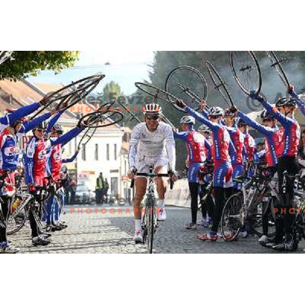Gorazd Stangelj of Slovenia finished his professional cycling carrier winning the race in front of his fans in Novo Mesto, Slovenia on October 9, 2011. In past 20 years he was racing for Krka, Moblivetta,Liquigas, Fassa Bortolo,Saeco, Lampre and Astana. 