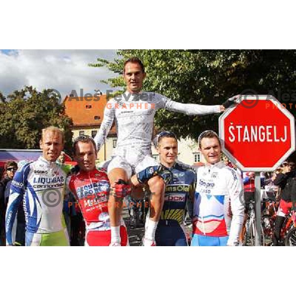Kristijan Koren, Vladimir Miholjevic, Gorazd Stangelj, Borut Bozic and Grega Bole at farewell race of Gorazd Stangelj who finished his professional cycling carrier winning the race in front of his fans in Novo Mesto, Slovenia on October 9, 2011.Borut Bozic, Grega Bole