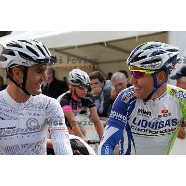 Gorazd Stangelj of Slovenia finished his professional cycling carrier winning the race in front of his fans in Novo Mesto, Slovenia on October 9, 2011. Before the start he was chating with Kristijan Koren (Liquigas) 