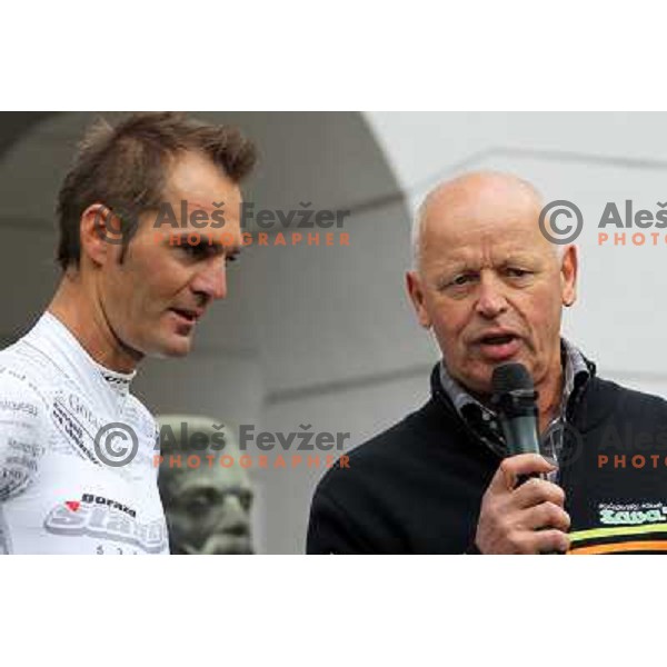 Gorazd Stangelj of Slovenia finished his professional cycling carrier winning the race in front of his fans in Novo Mesto, Slovenia on October 9, 2011. FRanc Hvasti having a speech