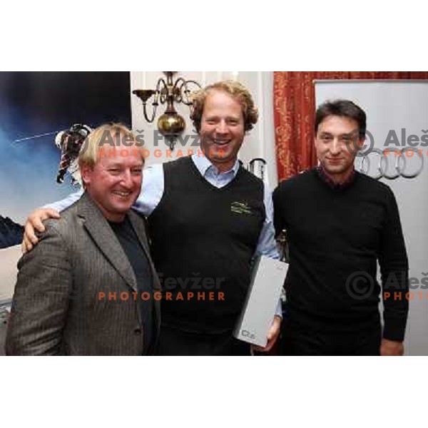 Bojan Krizaj,Aleksander Kravanja and Bostjan Luznar at prize giving ceremony after Elan-Porsche Slovenia golf tournament hosted by Bojan Krizaj at King\'s golf course, Bled, Slovenia on October 16, 2011 